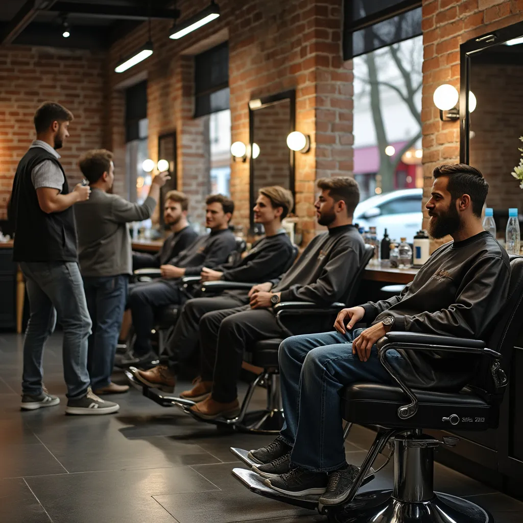 Clientes relajados conversando dentro barbería