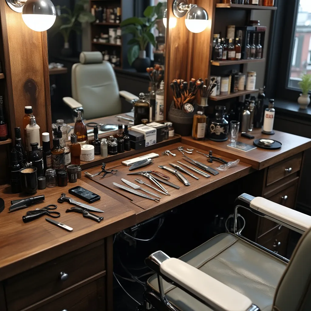 Mesa con herramientas clásicas de barbería